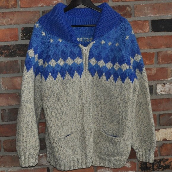 80s Blue & Grey Gray 100% WOOL KNIT Zip-Up Heavy Cardigan Sweater Apres Ski L - Picture 1 of 5